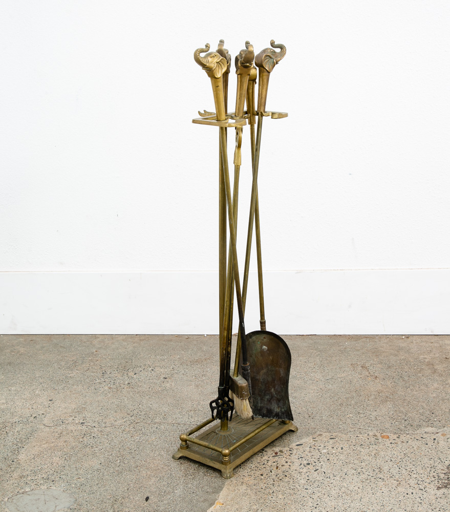 Mid Century Modern Fireplace Tools Solid Brass Elephant Head Gold Metal Mcm