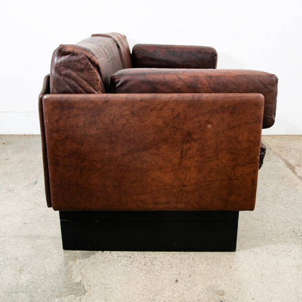 Mid Century Modern Sofa Couch Settee Brown Leather 70s 80s Platform Black 2 Seat - Image 3