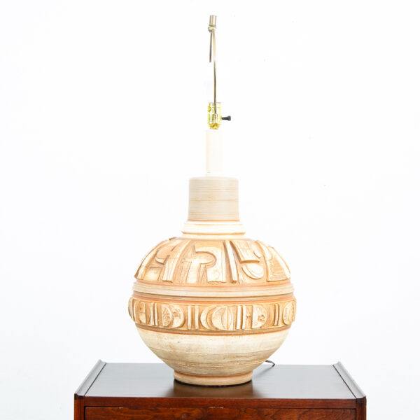 Mid Century Modern Table Lamp Tan Ceramic Pottery White Round Casuals California