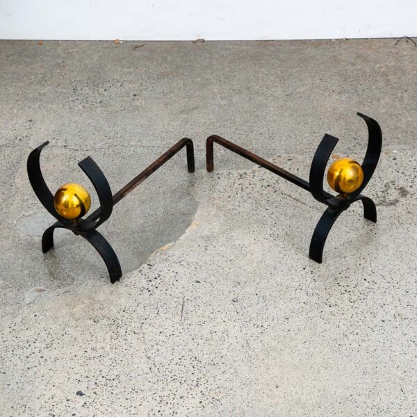 Mid Century Modern Fireplace Andirons Pair Set Cast Iron Donald Deskey Brass Mcm - Image 3