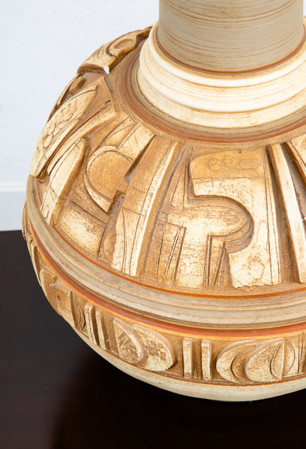 Mid Century Modern Table Lamp Tan Ceramic Pottery White Round Casuals California - Image 9