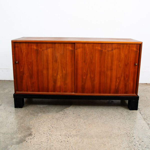 Mid Century Modern Credenza Cabinet Walnut Sliding Doors Storage Black Base Mcm - Image 2