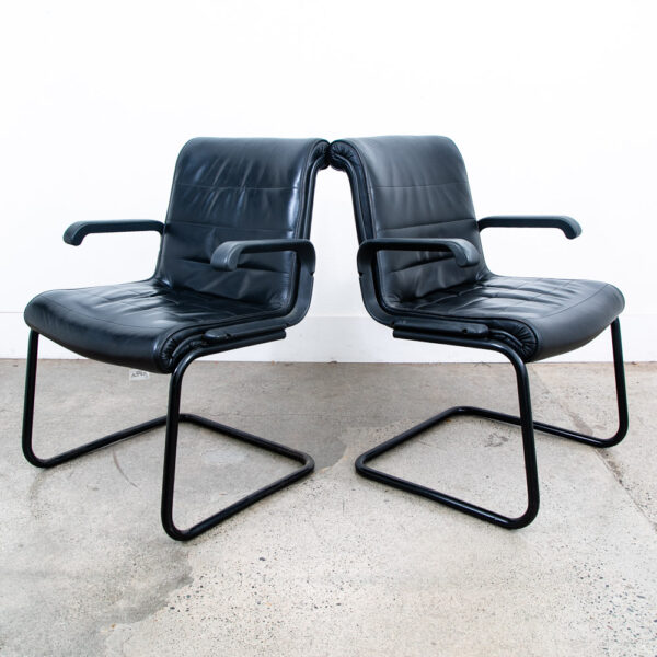 Mid Century Modern Office Chair Set Knoll International Black Leather Sapper 80s - Image 5