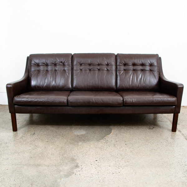 Mid Century Danish Modern Sofa Couch Brown Leather Denmark Tufted 3 Seat Mcm - Image 2