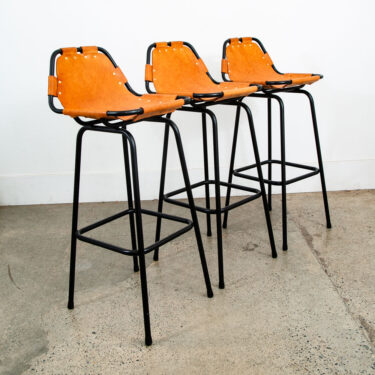 Mid Century Modern Bar Stools Set 3 Cognac Tan Leather Charlotte Perriand Arcs