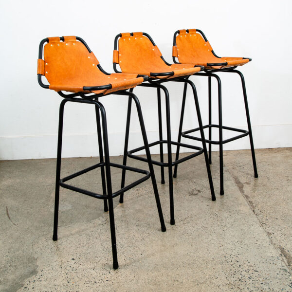 Mid Century Modern Bar Stools Set 3 Cognac Tan Leather Charlotte Perriand Arcs