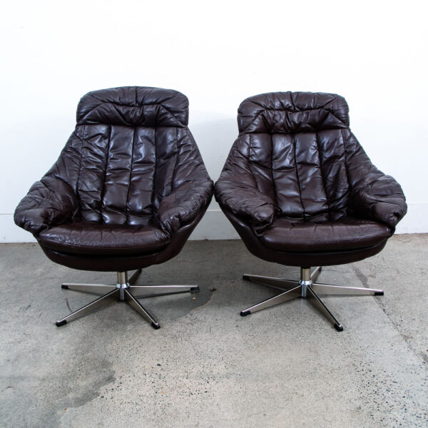 Mid Century Danish Modern Lounge Chairs Swivel Brown Leather H.W. Klein Bramin - Image 7