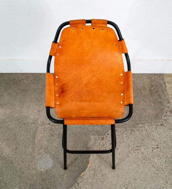 Mid Century Modern Bar Stools Set 3 Cognac Tan Leather Charlotte Perriand Arcs - Image 7