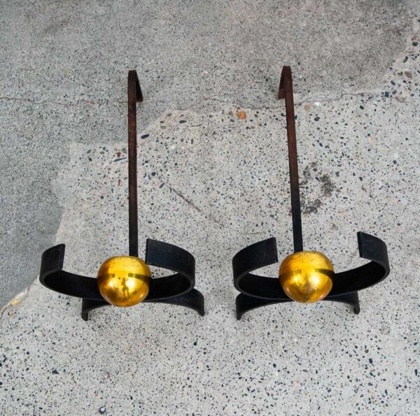 Mid Century Modern Fireplace Andirons Pair Set Cast Iron Donald Deskey Brass Mcm - Image 4