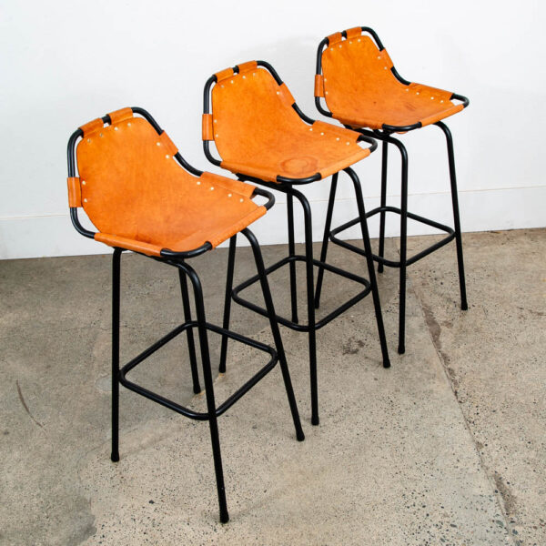 Mid Century Modern Bar Stools Set 3 Cognac Tan Leather Charlotte Perriand Arcs - Image 8