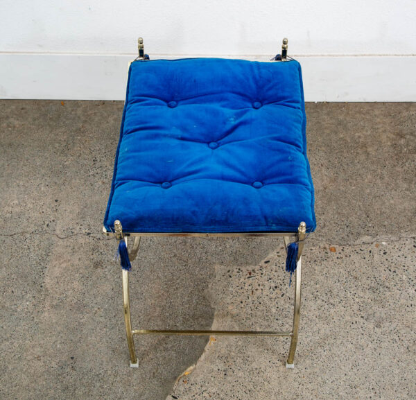 Mid Century Modern Vanity Stool Gold Frame Legs Blue Metal Vintage Bathroom Seat - Image 3