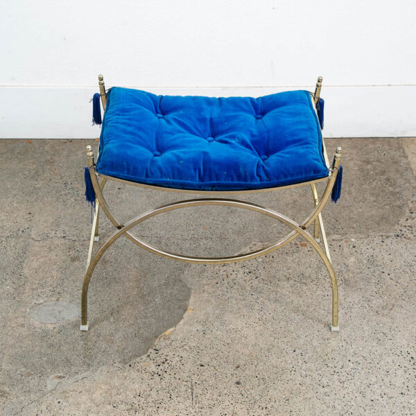Mid Century Modern Vanity Stool Gold Frame Legs Blue Metal Vintage Bathroom Seat - Image 4