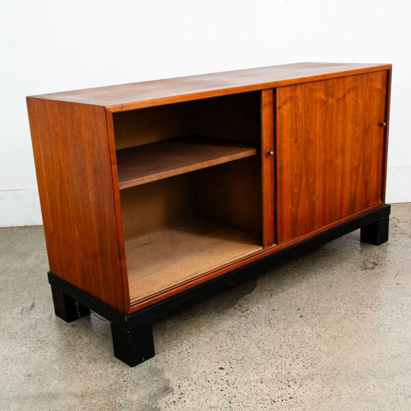 Mid Century Modern Credenza Cabinet Walnut Sliding Doors Storage Black Base Mcm - Image 8