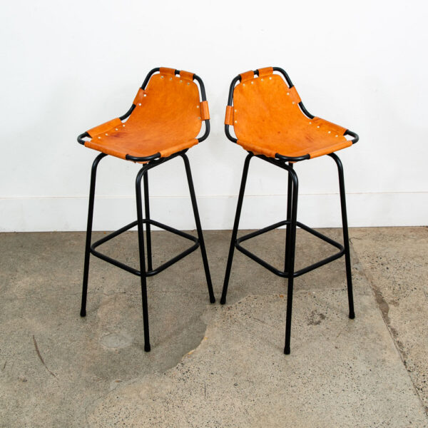 Mid Century Modern Bar Stools Set 3 Cognac Tan Leather Charlotte Perriand Arcs - Image 3