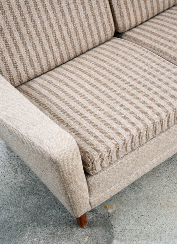 Mid Century Danish Modern Sofa Couch Striped Solid Teak Wool Tweed Tan 4 Seater - Image 5
