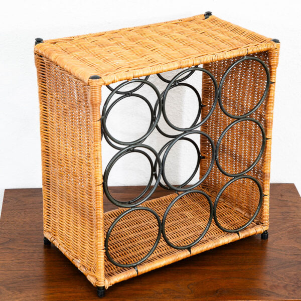 Mid Century Modern Wine Rack 9 Bottles Wicker Metal Iron Black Vintage Mcm 70s - Image 2