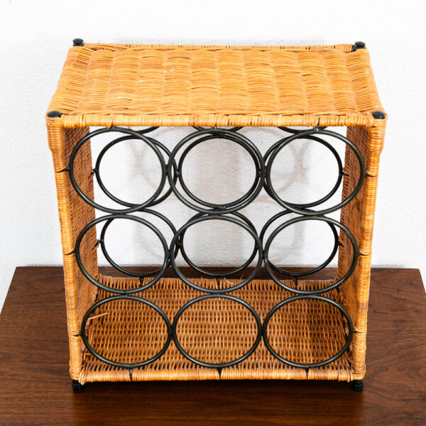 Mid Century Modern Wine Rack 9 Bottles Wicker Metal Iron Black Vintage Mcm 70s - Image 4