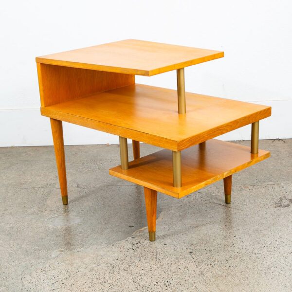 Mid Century Modern Side Table End Step Up Oak Mcm Vintage Brass Blonde Gold - Image 2
