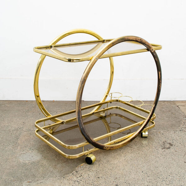 Mid Century Modern Bar Cart Serving Trolley Brass Rolling Bar Glass 2 Tier Mcm - Image 5