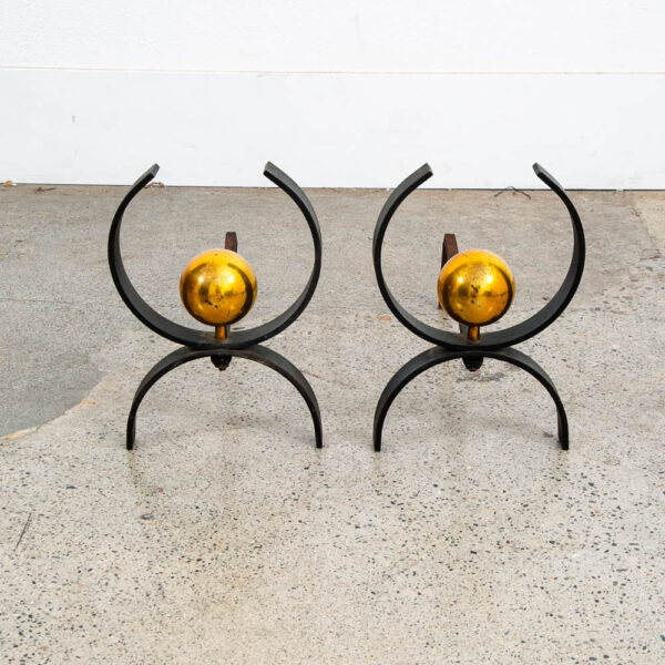 Mid Century Modern Fireplace Andirons Pair Set Cast Iron Donald Deskey Brass Mcm - Image 2
