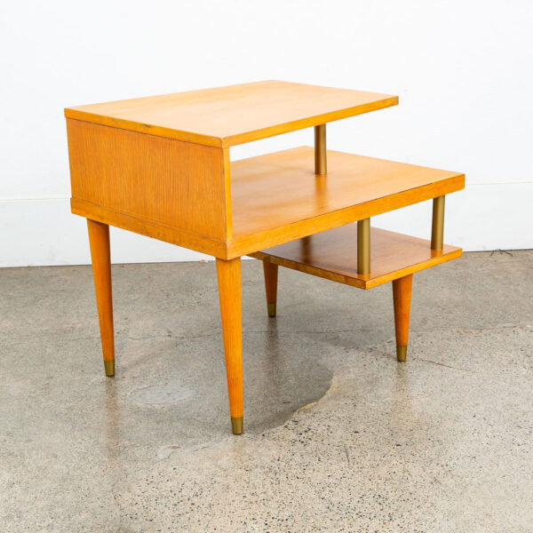 Mid Century Modern Side Table End Step Up Oak Mcm Vintage Brass Blonde Gold - Image 5