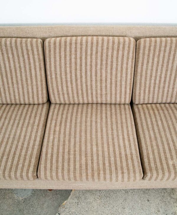 Mid Century Danish Modern Sofa Couch Striped Solid Teak Wool Tweed Tan 4 Seater - Image 7