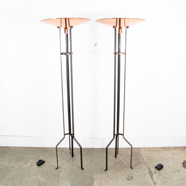 Mid Century Post Modern Floor Lamp Set Copper Reico Milan Italy Pair Two 74.5"