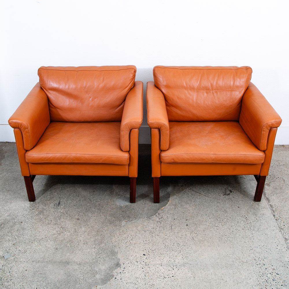 Mid Century Danish Modern Lounge Chair Set Cognac Armchairs Brown Tan Two Mcm - Image 5