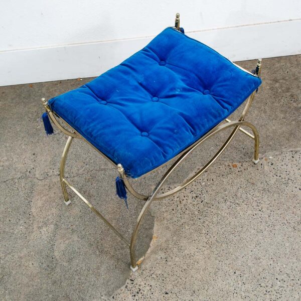 Mid Century Modern Vanity Stool Gold Frame Legs Blue Metal Vintage Bathroom Seat - Image 6