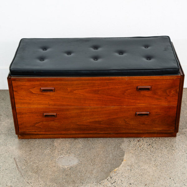 Mid Century Modern Bench Large 2 Drawers Rectangular Black Cushion Vintage Mcm - Image 2