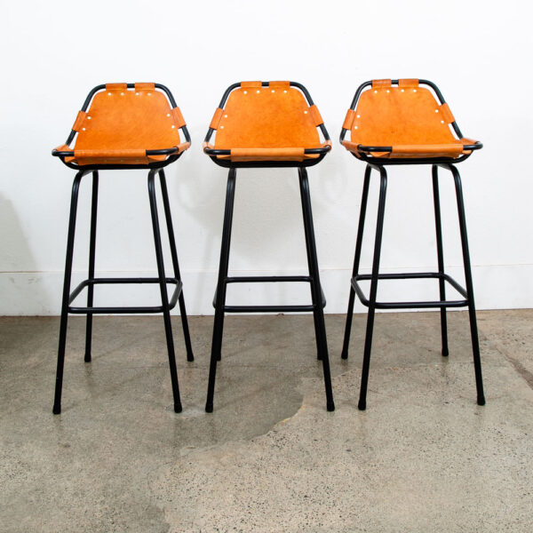Mid Century Modern Bar Stools Set 3 Cognac Tan Leather Charlotte Perriand Arcs - Image 2
