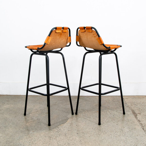 Mid Century Modern Bar Stools Set 3 Cognac Tan Leather Charlotte Perriand Arcs - Image 5