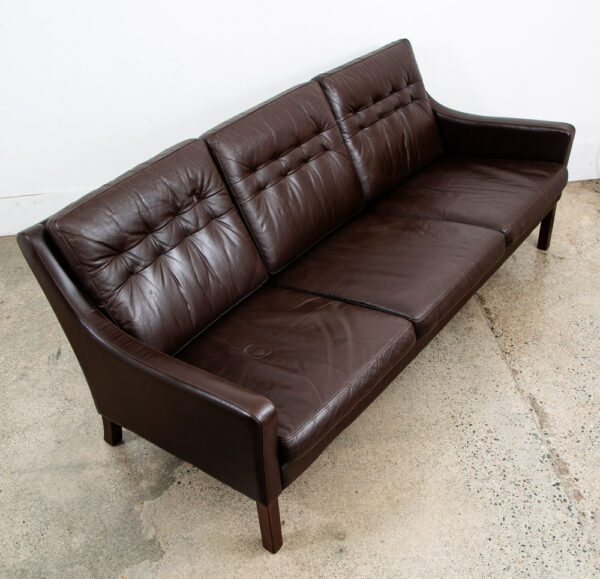 Mid Century Danish Modern Sofa Couch Brown Leather Denmark Tufted 3 Seat Mcm