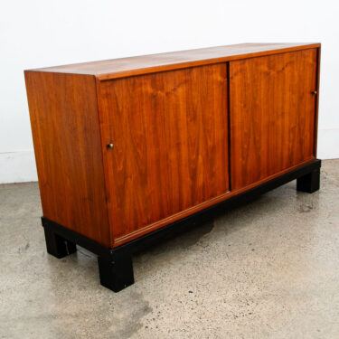 Mid Century Modern Credenza Cabinet Walnut Sliding Doors Storage Black Base Mcm