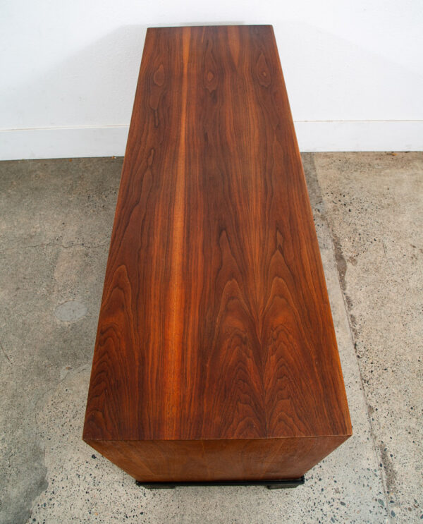 Mid Century Modern Credenza Cabinet Walnut Sliding Doors Storage Black Base Mcm - Image 3
