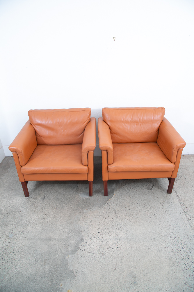 Mid Century Danish Modern Lounge Chair Set Cognac Armchairs Brown Tan Two Mcm - Image 7