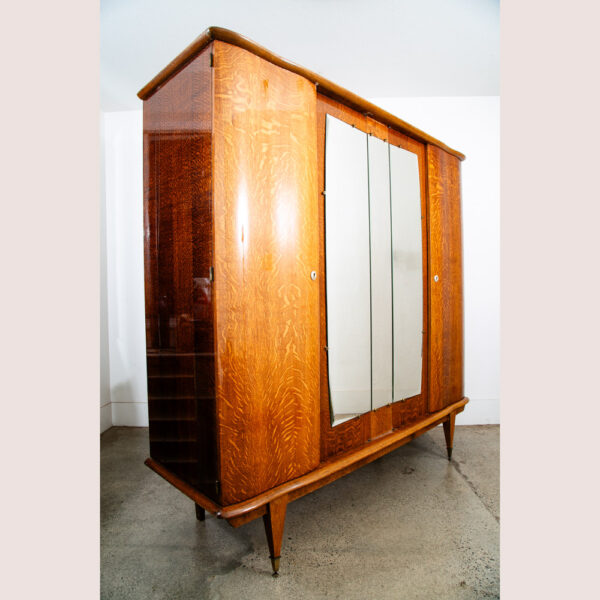 Mid Century Danish Cabinet Custom Armoire Wardrobe Tiger Oak Closet Large Mirror - Image 2