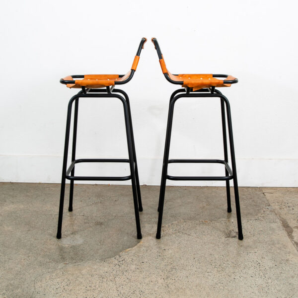 Mid Century Modern Bar Stools Set 3 Cognac Tan Leather Charlotte Perriand Arcs - Image 4