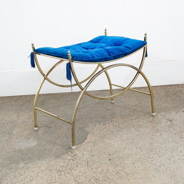 Mid Century Modern Vanity Stool Gold Frame Legs Blue Metal Vintage Bathroom Seat - Image 2