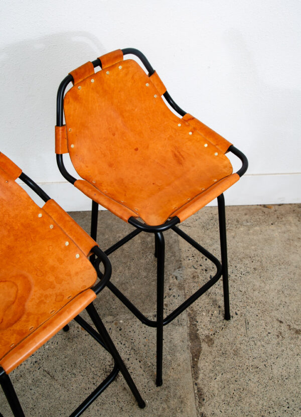 Mid Century Modern Bar Stools Set 3 Cognac Tan Leather Charlotte Perriand Arcs - Image 9