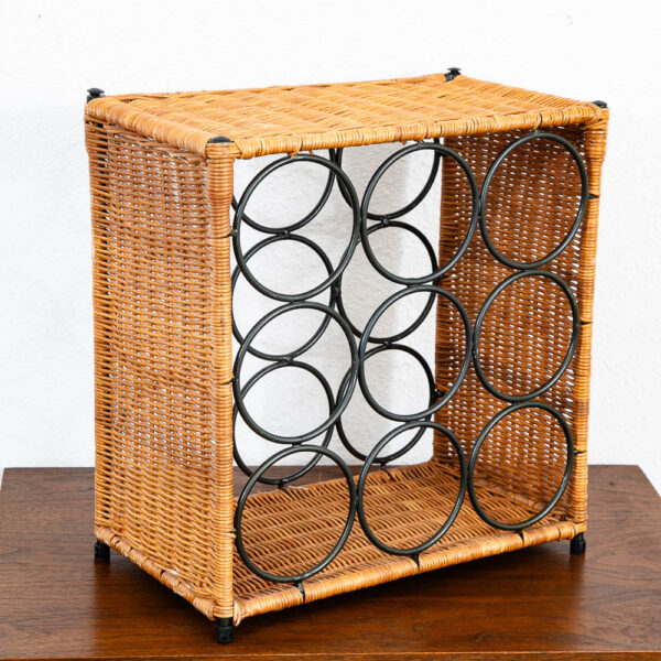 Mid Century Modern Wine Rack 9 Bottles Wicker Metal Iron Black Vintage Mcm 70s