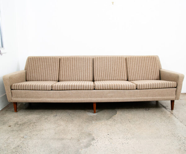 Mid Century Danish Modern Sofa Couch Striped Solid Teak Wool Tweed Tan 4 Seater - Image 2