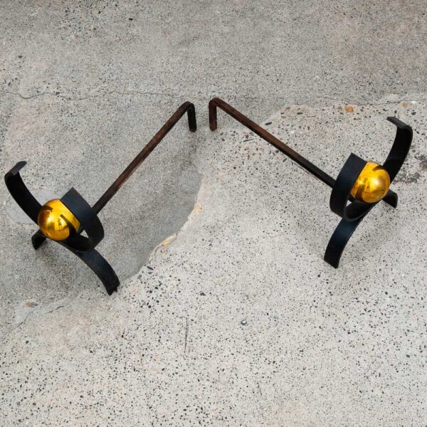 Mid Century Modern Fireplace Andirons Pair Set Cast Iron Donald Deskey Brass Mcm - Image 5