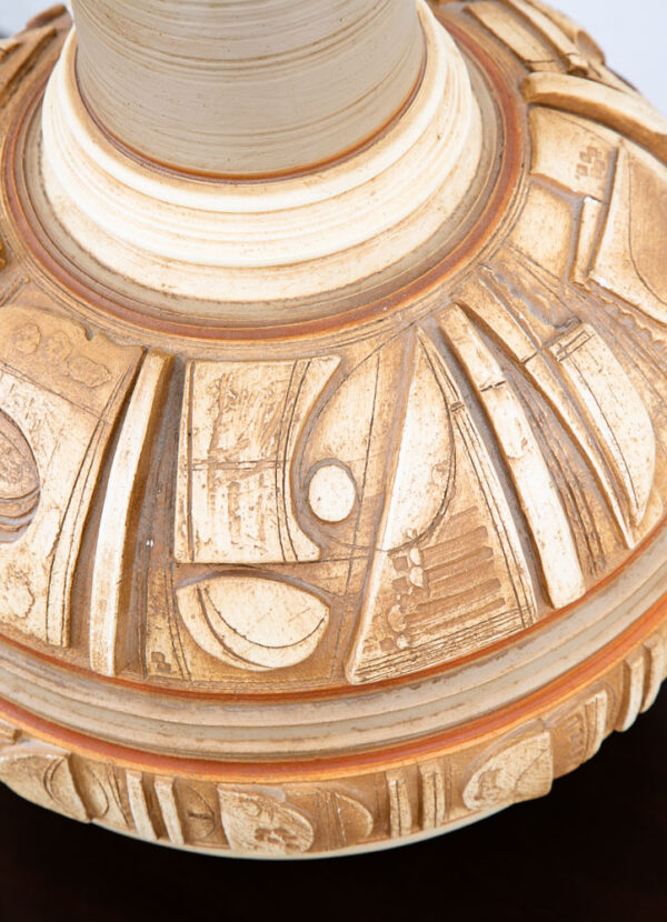 Mid Century Modern Table Lamp Tan Ceramic Pottery White Round Casuals California - Image 6