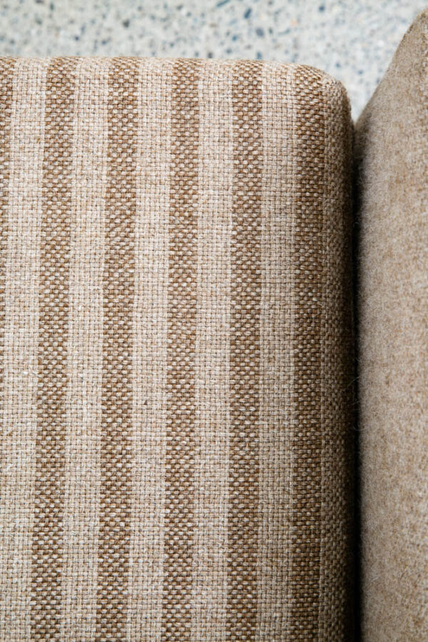 Mid Century Danish Modern Sofa Couch Striped Solid Teak Wool Tweed Tan 4 Seater - Image 4