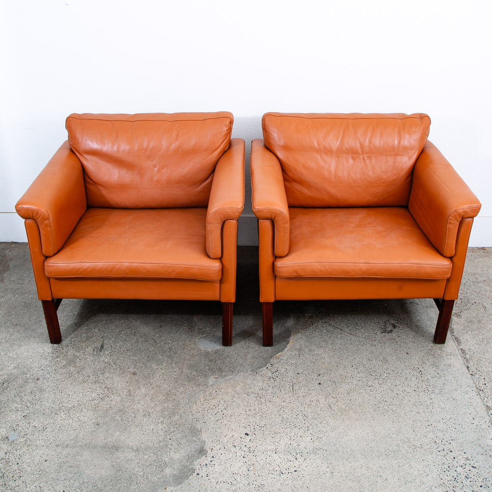 Mid Century Danish Modern Lounge Chair Set Cognac Armchairs Brown Tan Two Mcm - Image 3