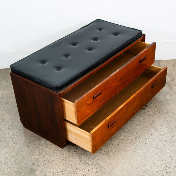 Mid Century Modern Bench Large 2 Drawers Rectangular Black Cushion Vintage Mcm - Image 3
