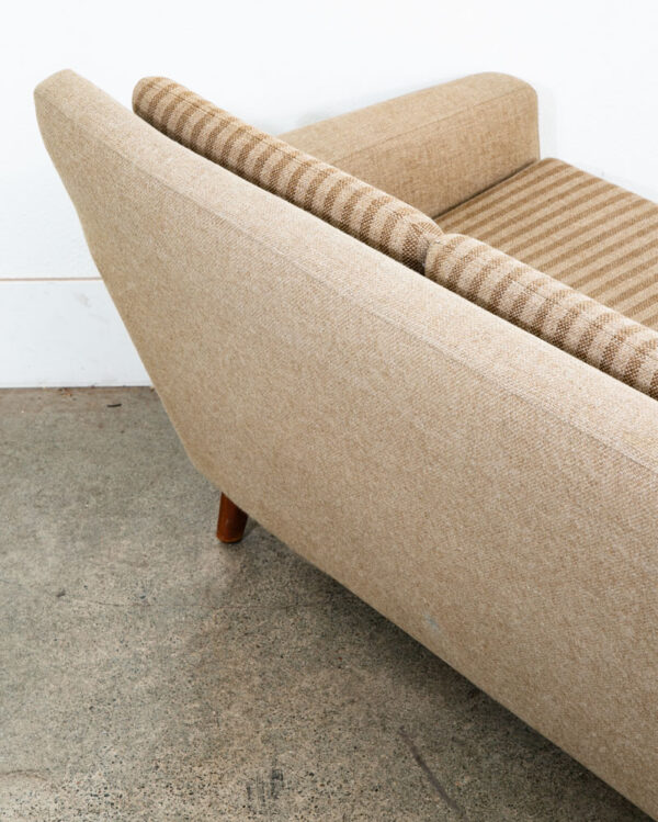 Mid Century Danish Modern Sofa Couch Striped Solid Teak Wool Tweed Tan 4 Seater - Image 6