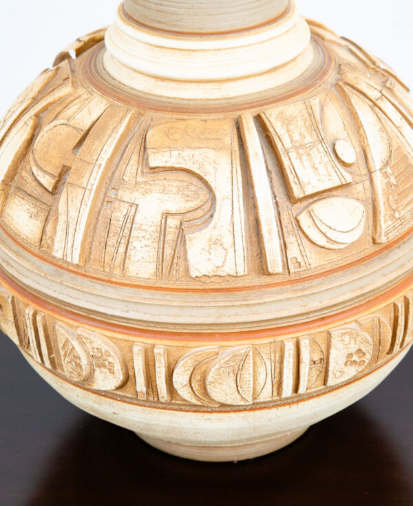 Mid Century Modern Table Lamp Tan Ceramic Pottery White Round Casuals California - Image 12