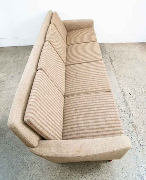 Mid Century Danish Modern Sofa Couch Striped Solid Teak Wool Tweed Tan 4 Seater - Image 3
